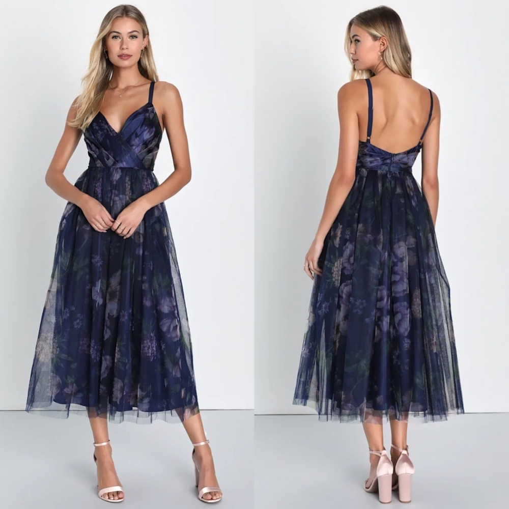 Lulu's Navy & Purple Floral Midi Tulle Dress